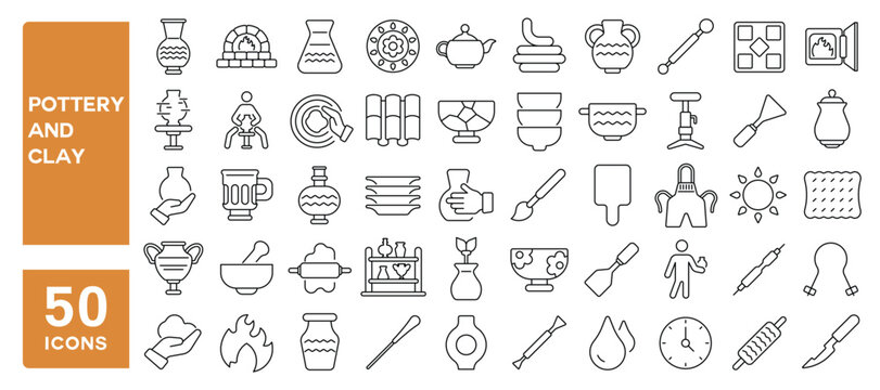 Set of 50 line icons related to pottery and clay, ceramic, porcelain, jar, jug, pot, vase, art, craft, tableware, pitcher, sculptor, shaping, Editable stroke. Vector illustration