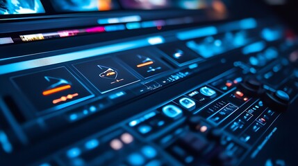 Obraz premium Close up of a futuristic control panel with glowing buttons.