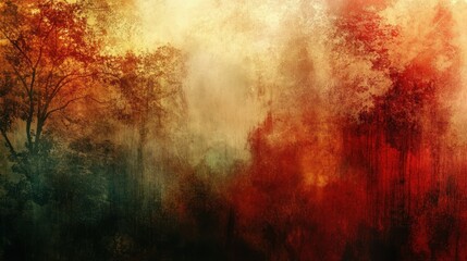Obraz premium Abstract Watercolor Painting of Trees and Fog in Red, Orange, and Yellow Hues
