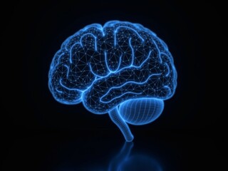 glowing human brain hologram on black background
