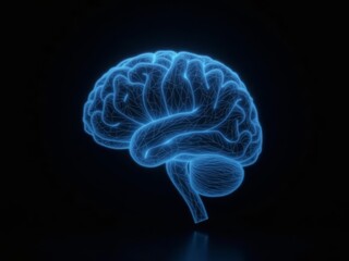 glowing human brain hologram on black background