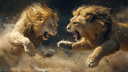 Dwa potężne lwy zarykują w walce o dominację, ich majestatyczne grzywy falują w rytm ich intensywnego starcia. 