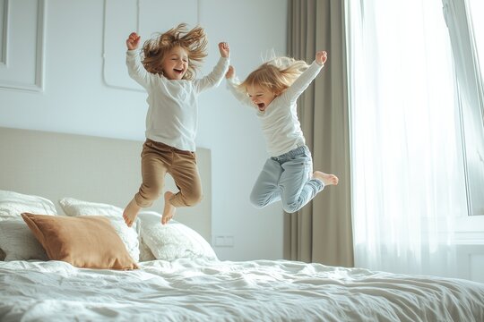 two children jumping on the bed