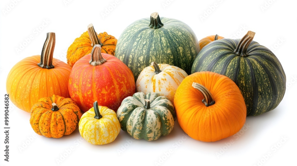 Wall mural variety of fresh ripe pumpkins isolated on white background