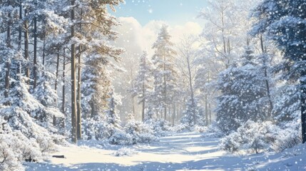 Fototapeta premium Snow-covered forest path with falling snowflakes
