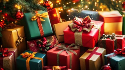 Christmas Presents Under Tree with Decorations