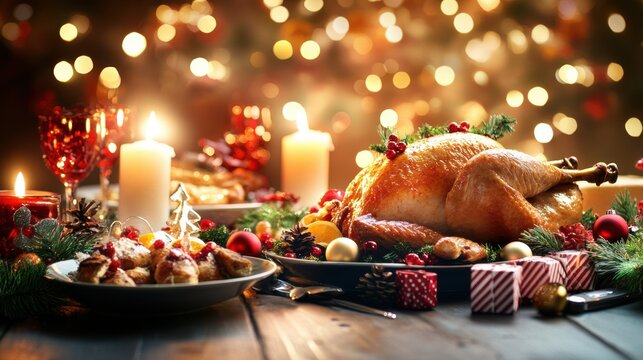 Christmas Feast with Roasted Turkey and Festive Decorations