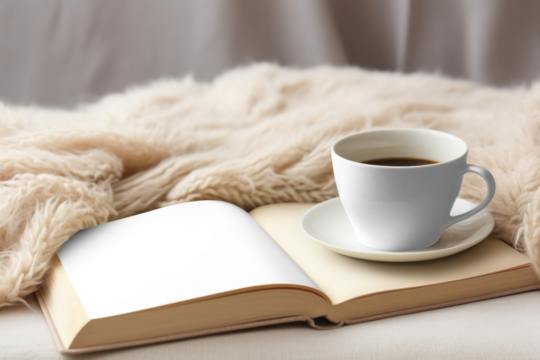 PNG book and cup  mockup, transparent design