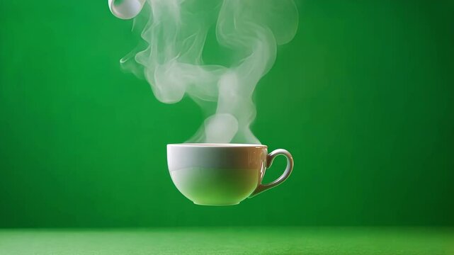 White cup containing a steaming hot beverage floats on a green screen background, perfect for compositing into any scene