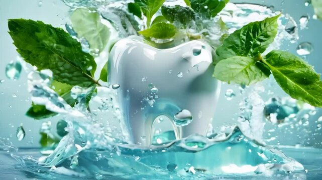 Bright white human tooth in water or liquid splash with green mint leaves, mint healthy fresh breath, dental or refreshing toothpaste advertisement with place for text. Splash of tooth and fluid
