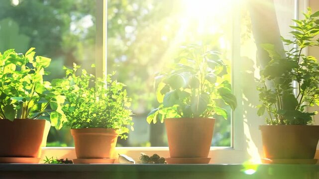 Pots with herbs fresh green basil, rosemary and thyme on the windowsill with bright sun rays falling into the window in the background close up
