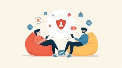 Two people in bean bag chairs using tablets with a shield icon representing online security.