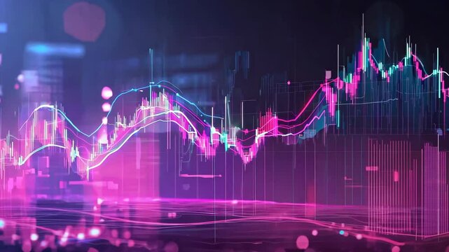 Close up infographic on screen, dynamic animation of stock charts, data or business analysis. Price increases or decreases with space for text or inscriptions
