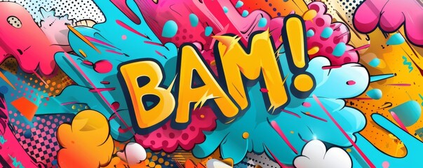 Playful pop art background featuring "BAM!" Dynamic visuals, Bold patterns, Colorful vector