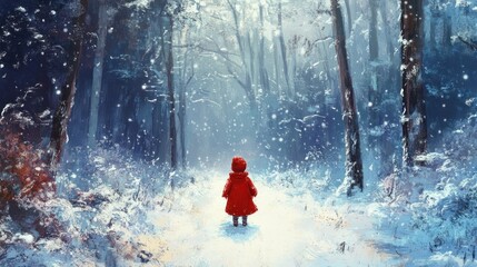 A lone figure in a red hooded cloak walks through a snowy forest path