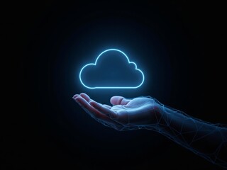hand holding glowing cloud hologram on black background