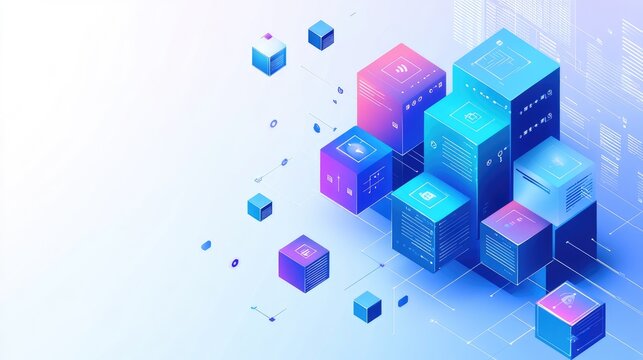 Abstract 3D illustration of colorful cubes with icons, representing data storage and processing.