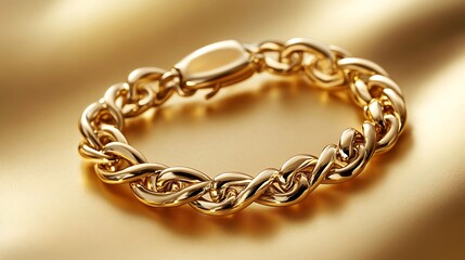 Close-up of a gold chain bracelet on a golden surface.