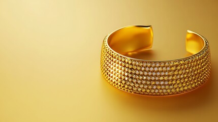 A beautiful gold bangle with a diamond setting lies on a golden background.
