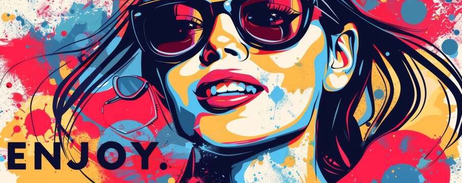 Eye-catching pop art background featuring "ENJOY." Bold visuals, Abstract shapes, Colorful vector