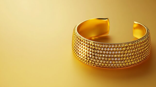 A beautiful gold bangle with a diamond setting lies on a golden background.