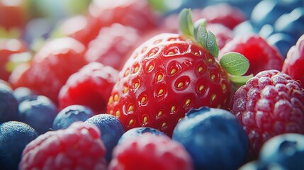 This photograph shows strawberries and blueberries up close, with green foliage covering the strawberries