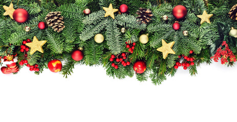 Christmas decorative background border with red bauble decorations and holly berries