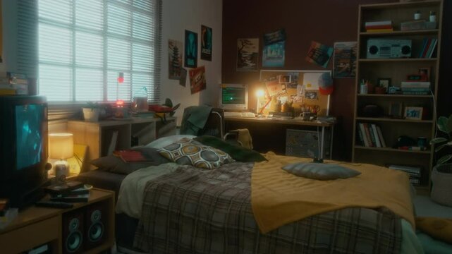 No people shot of interior of decorated teenagers bedroom with multiple bright posters on walls, horror movie on old TV, bed and working computer on desk, aesthetics of outgone 90s