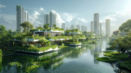 Obraz premium A vibrant, eco-friendly cityscape featuring modern buildings, lush greenery, and waterways, illustrating sustainable urban living.