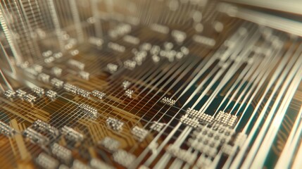 Close-up view of a complex microchip circuit with intricate golden pathways