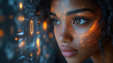 Woman wearing large glowing orange digital glasses in a futuristic environment, symbolizing innovation, advanced data technology, and artificial intelligence systems.