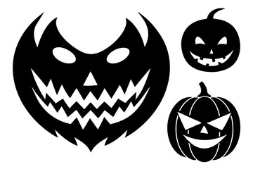 Scary Monster Faces Set. Jack O Lantern Face Halloween Pumpkin Icon Collection. Simple Creepy Horror Illustrations.