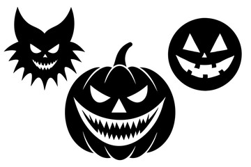 Scary Monster Faces Set. Jack O Lantern Face Halloween Pumpkin Icon Collection. Simple Creepy Horror Illustrations.