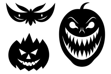 Scary Monster Faces Set. Jack O Lantern Face Halloween Pumpkin Icon Collection. Simple Creepy Horror Illustrations.
