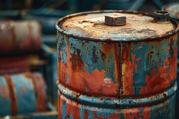 Fototapeta premium Close-up of a rusted, weathered oil barrel with peeling blue and orange paint.