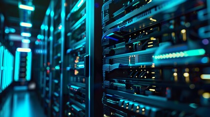 Side view of modern data center server racks with glowing blue lights and interconnected hardware components