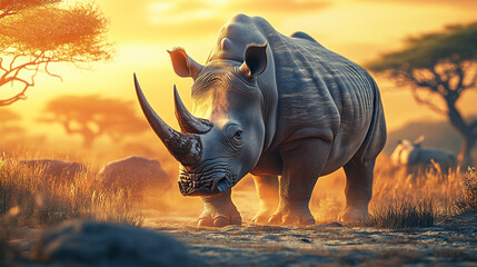 Fototapeta premium Illustration of rhino on grassland.