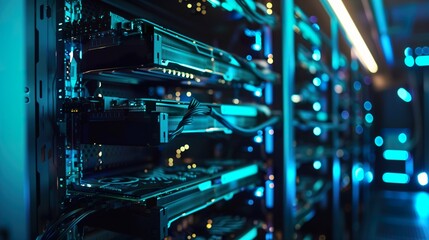 Close-up of server components in a data center with glowing blue lights and connected cables