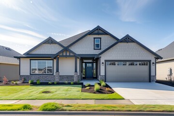 front view of a new, modern, beautiful home in Oregon, with a beige and gray color scheme and dark grey accents, a blue front door, garage, green grass, and a clear sky.