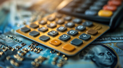 Calculator placed on a pile of dollar bills, representing financial planning, budgeting, and accounting. Sunlight highlights the importance of managing finances and calculating expenses effectively.