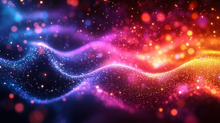 Wavy neon particles glowing in vibrant pink, purple, and orange light. Abstract design showcasing futuristic waves of light and colorful sparkles in a digital space background