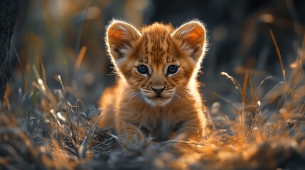 Adorable lion cub staring ahead with curiosity, sitting in dry grass. Wildlife portrait of a young predator exploring the world in warm, golden sunlight
