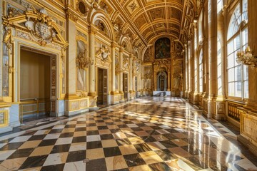 gold marble interior of the royal golden palace. castle interior with checkered floor. Luxurious palace royal interior