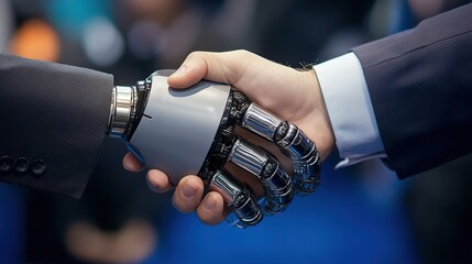 Robot hand shaking with a human, future business cooperation, artificial intelligence and human touch for technological evolution 