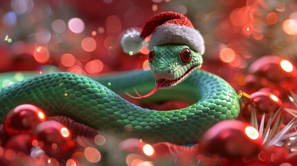 Fototapeta premium green wooden snake designed semirealistic style resting sparkling Christmas ornaments holiday decorations snake wears Santa ornaments reflect lights creating warm festive atmosphere