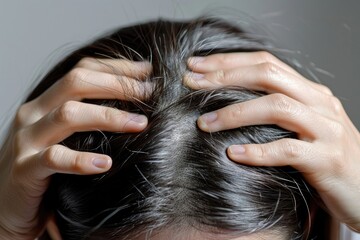 Naklejka premium Hair loss concept. Close up of hands holding and running fingers through hair, highlighting signs like thinning or sparse bald spots on top of the head in patterned hair loss on white background.