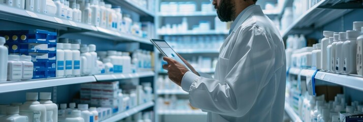 Efficient inventory management: Pharmacist's digital tablet usage.