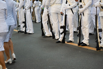 Navy soldiers are seen standing during the celebration of Brazilian Independence Day. City of...