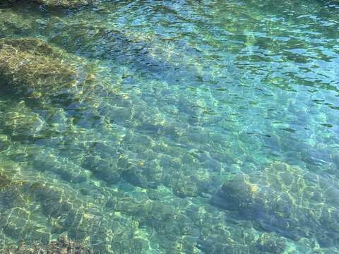 Mediterranean sea beautiful seascape clear water with stones and algae.