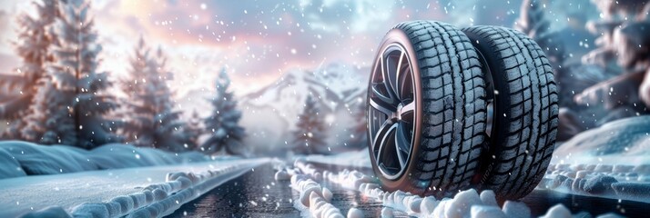 Fresh winter tires displayed against snowy backdrop